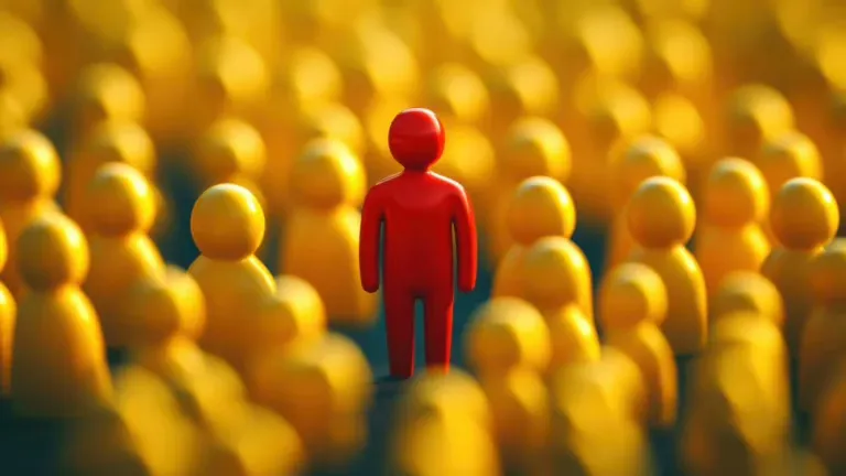 Rote Figur steht zwischen gelben Figuren.